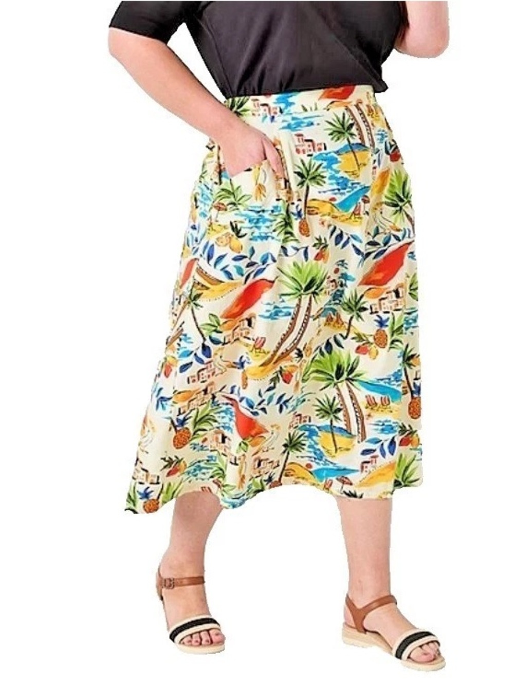 St. John's Bay Tropical Print Midi Skirt in Cream, Green, Blue, Red 100%Cotton